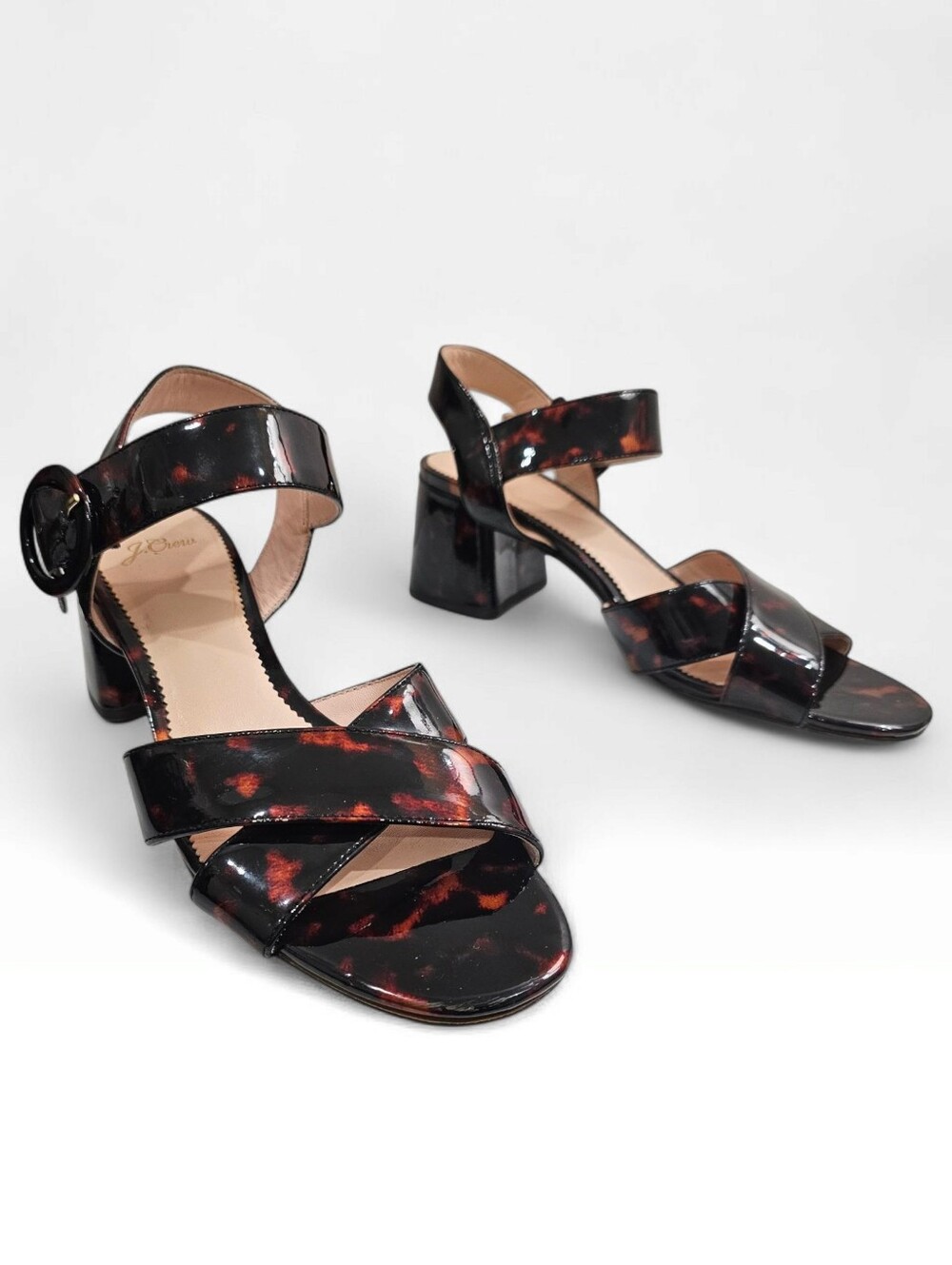 J. Crew Tortoiseshell Patent Block Heel Sandals - Black & Brown